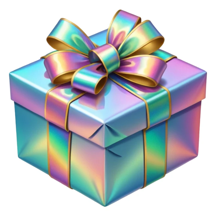 Hyperrealism  wrapped christmas gift, with realistic detailed iridescent holographic ribbon sticker