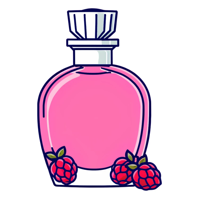 AVON women's perfume bottle next to a red raspberry bottle sticker