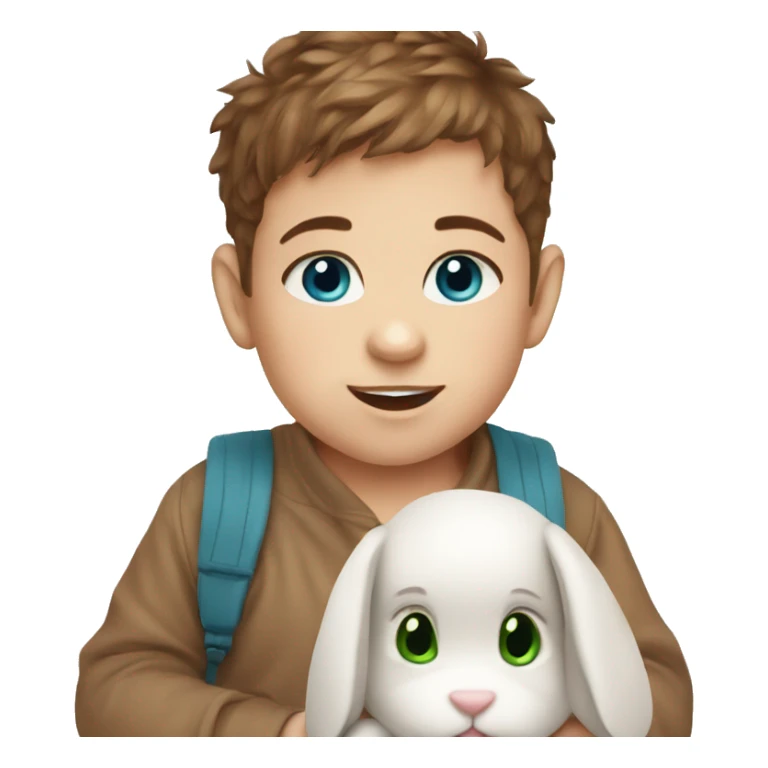 Cute baby with brown hair and blue/green eyes and a rabbit teddy sticker