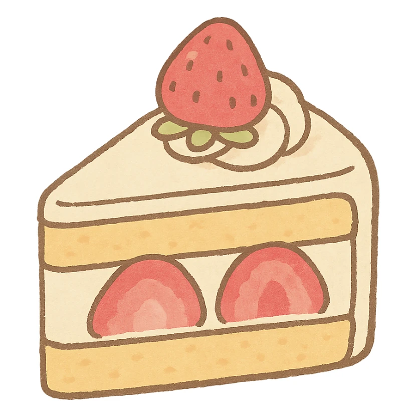 kawaii strawberry cake slice, soft pastel Japanese hand-drawn style, full object, transparent background, with a tiny strawberry on top sticker