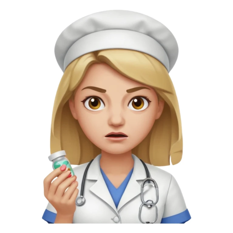 angry dark blonde nurse with a pills sticker