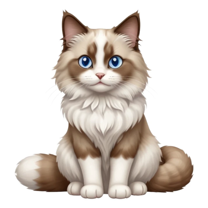 cinematic-[brown and white ragdoll cat]-realistic-full-body-sitting-emoji,-tail-curled-playfully-around-its-paws,-head-tilted-dramatically,-fluffy-[brown and white]-fur,-simplified-yet-realistic-focused-features,-highly-detailed,-glowing-with-an-almost-sarcastic-glow, with blue eyes sticker