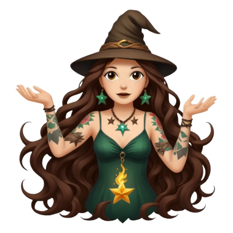 forest witch woman long wavy brown hair tattoos tossing star seed sticker