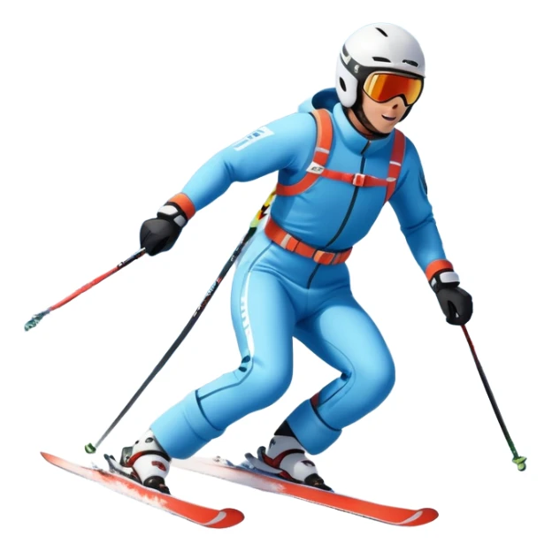 An icon featuring snowy peaks, pine trees, and a picturesque mountain landscape with a skier racing down a snow-covered slope. The sky is blue with soft clouds, capturing the thrill and beauty of alpine skiing. Transparent background highlights the excitement and serenity of winter sports. sticker