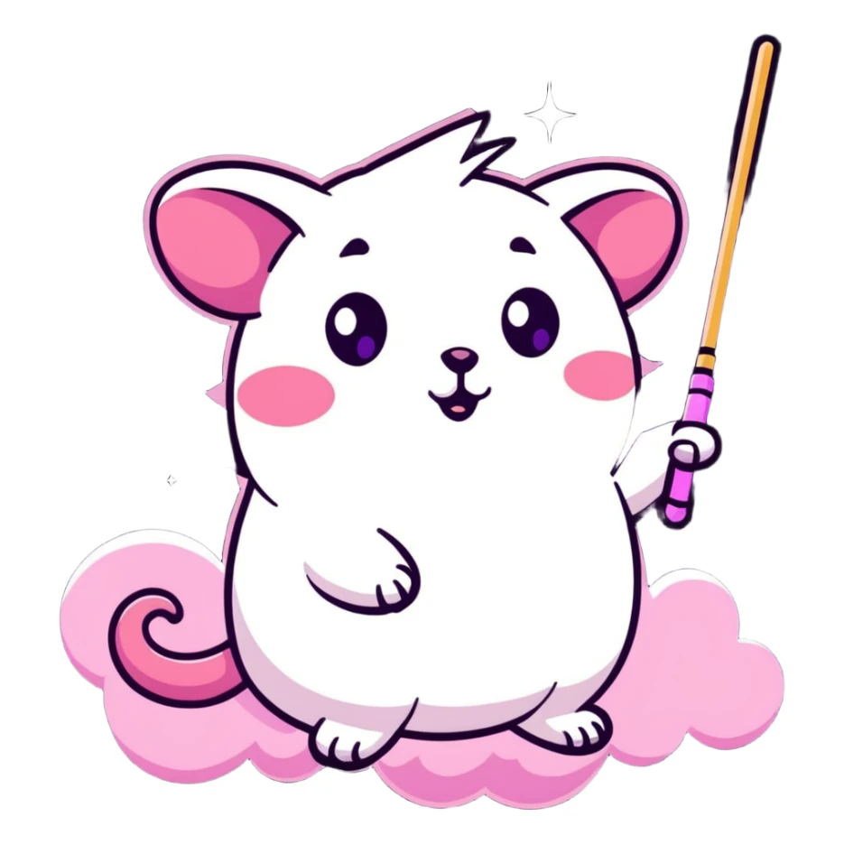 pink possum on a cloud, holding a magic wand, hint of evil in its eyes, surrounded by cosmic sparkles sticker