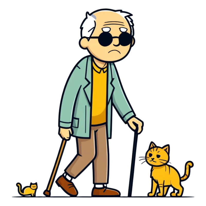  old blind man and his walking stick with golden cat ￼ sticker