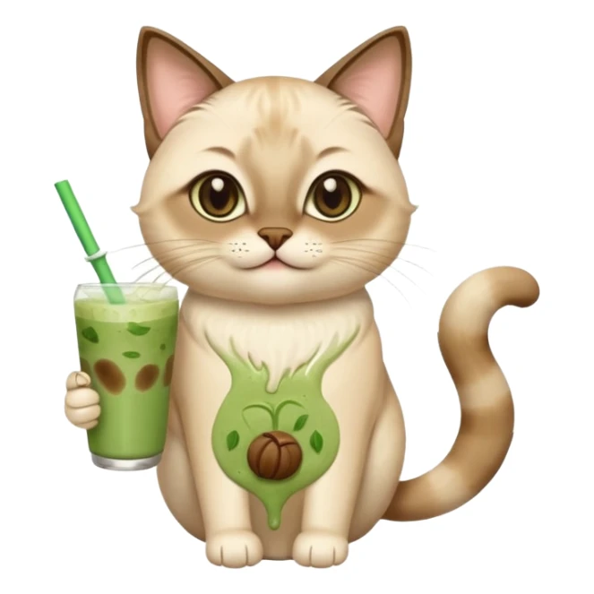 Happy Siamese Cat holding in its paws an iced matcha latte sticker