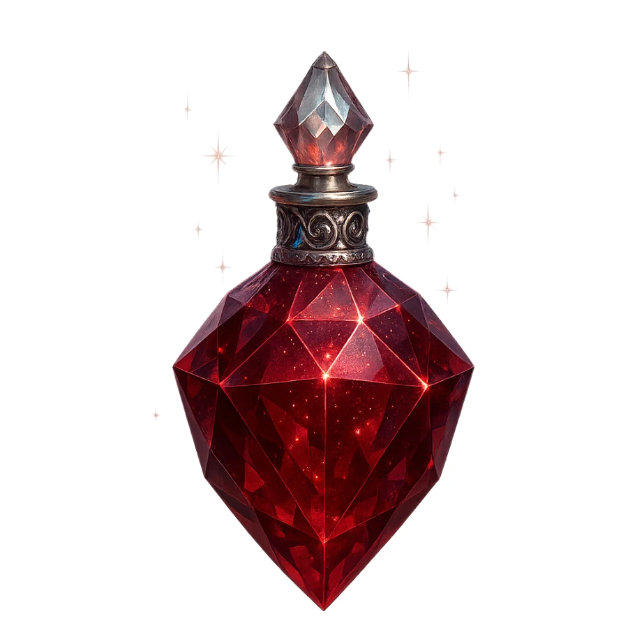 luxurious crystal elixir bottle in faceted red crystal shape, deep red color, ornate silver and iridescent details, magical glowing and sparkling effects, very small neck, seamless bottom, bottle clearly floating in air, no base or shadow, modern, collection style, transparent background sticker