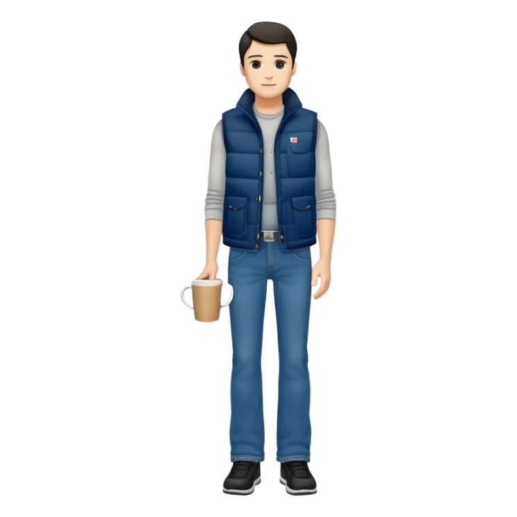 full body man with plain black puffy winter vest with no pockets over long sleeved shirt wearing straight levi boot cut levi blue jeans with no cuffs and tennis shoes holding coffee mug in his hand sticker