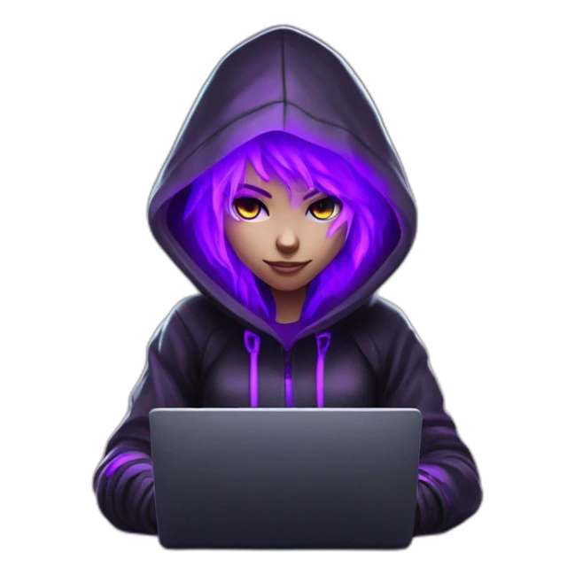 Girl developer behind his laptop with this style : Crytek Crysis Video game neon glowing bright purple character purlple black hooded hacker themed character sticker