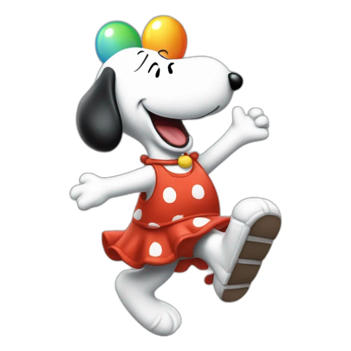 Snoopy bailando vestido de payaso con globos y una torta sticker