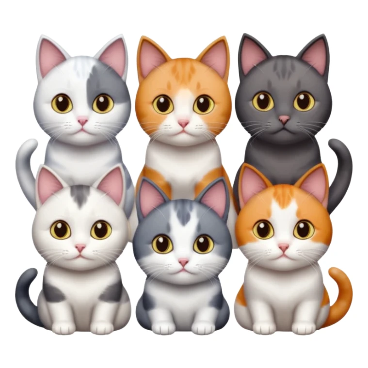 5 different coloured short haired cats including; a dark brown and white cat, and a dark grey and white, and a calico sticker