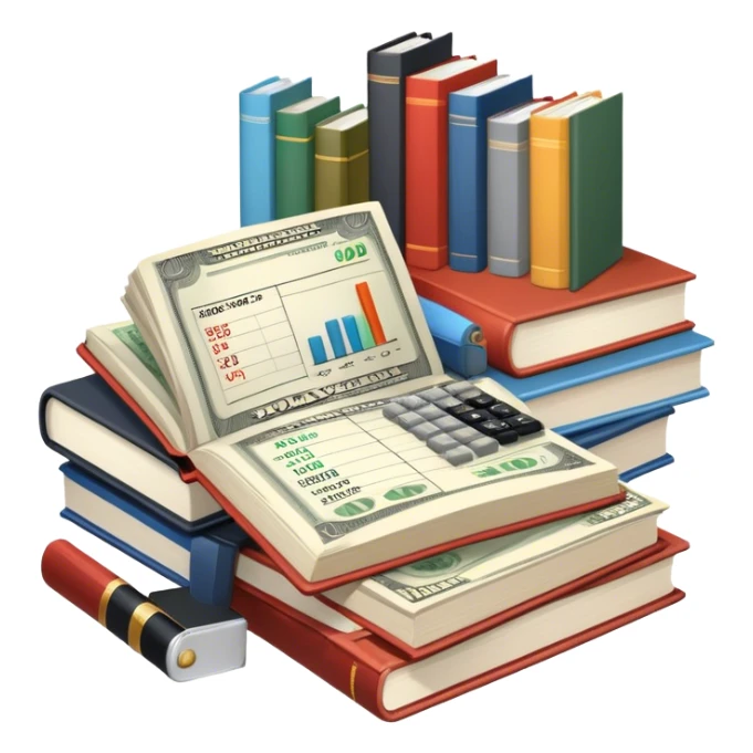 Icon for Business Reading: an open book with graphs, numbers, percentages, formulas, and text on the pages, next to a stack of books, a pile of dollars, a calculator and business magazines like Forbes. Transparent background. sticker