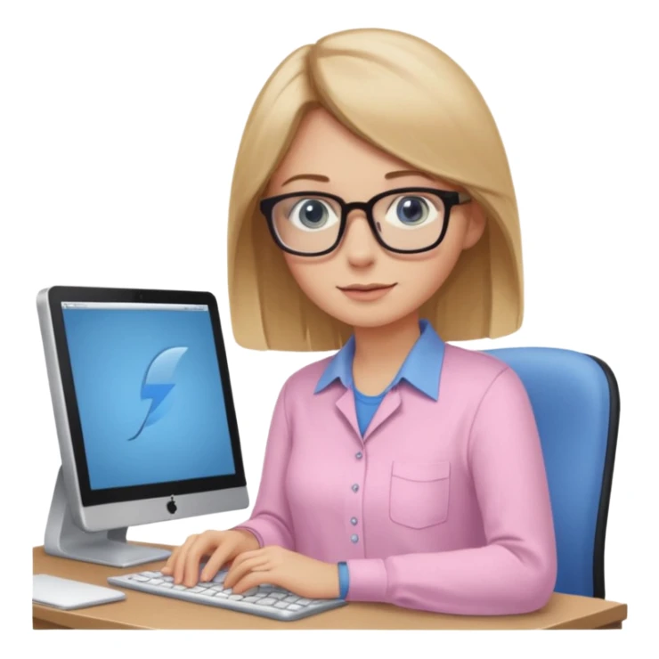 redattrice editoriale. Bionda, capelli lisci biondo scuro, lunghezza media. Occhi blu con occhiali. è al pc a lavorare. Indossa una camicia rosa chiaro sticker