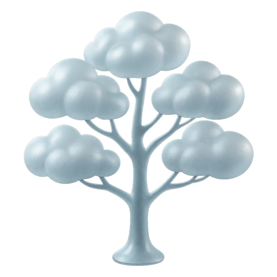 one tree with many branches and a white trunk, crown made of small very bright white fluffy convex clouds, matte glass style sticker