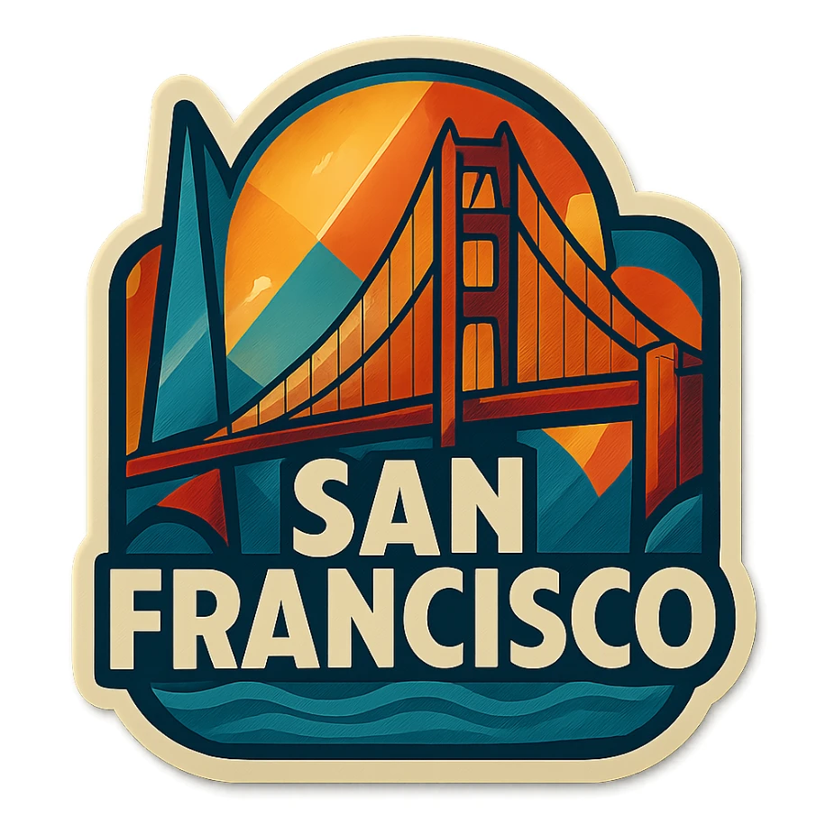 San Francisco logo in retro art deco style, featuring iconic elements like the Golden Gate Bridge, geometric shapes, and bold lines, with a vintage color palette sticker