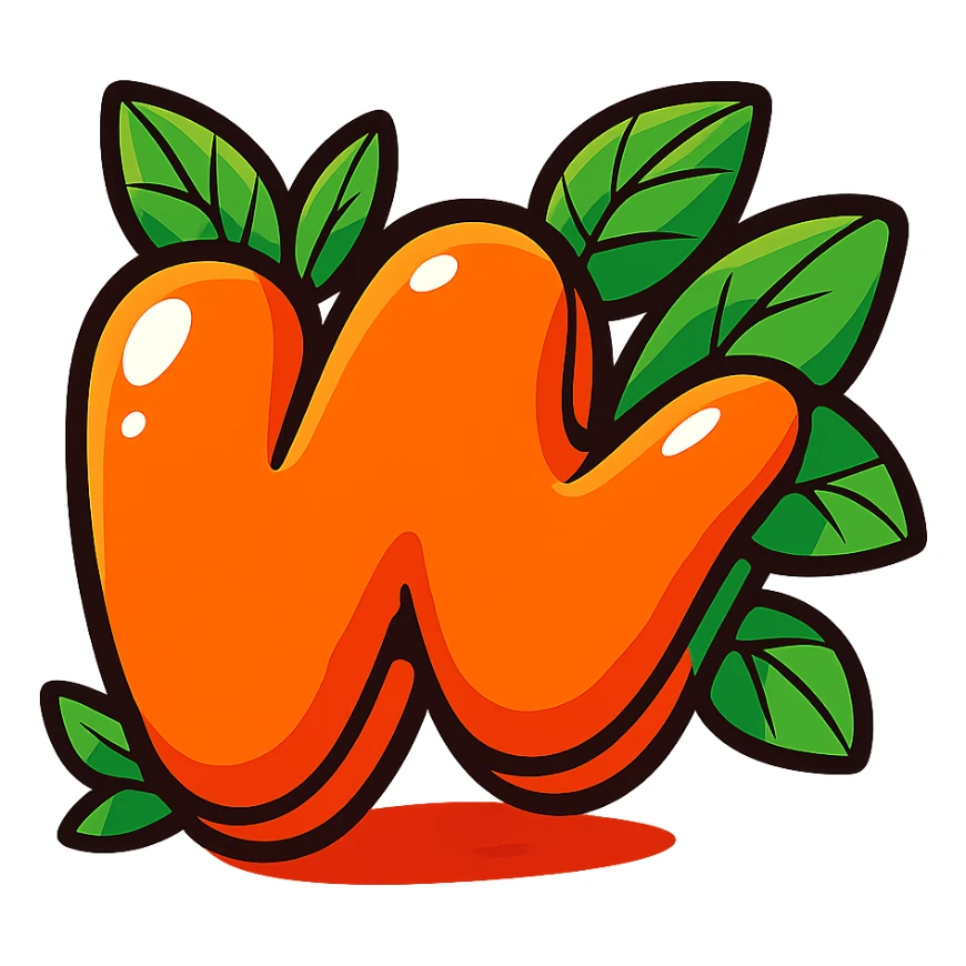 plump vibrant Wattpad logo 'w' in cartoon style, bold outline, expressive shadows, glossy highlights, decorated with bright leaves around the logo, no background, vibrant toon style sticker