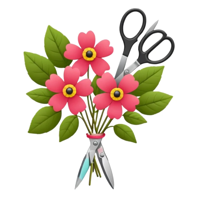 Minimalistic flat vector icon, iOS style, thin black contour on white background. Flower bouquet with leaves and scissors. No text, no shadows. sticker