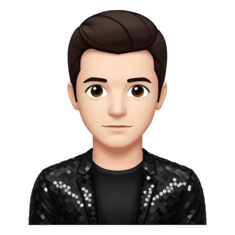 Drake Bell with dark brown hair, black sequin outfit sticker