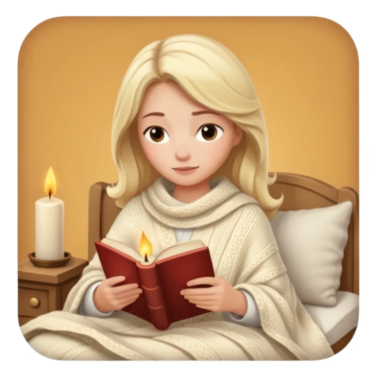 Cozy blonde girl reading book with blanket and candle sticker