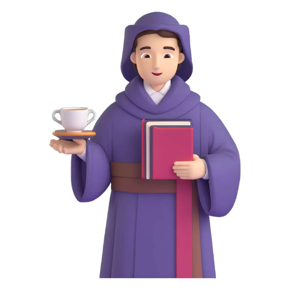 person with book and teacup, Chaucer in medieval robe behind, simple background sticker