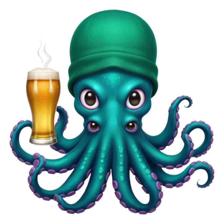Epic octopus with an iridescent green base layer coloring and pearl black secondary layer of color, with teal neon colored suction cups under the tentacles. Octopus is wearing balaclava, a backwards hat, is holding 2 beers, and has a white teardrop face tattoo sticker