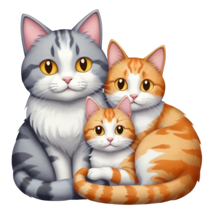 big grey and white cat cuddling a colourful light patched calico + white tabby cat sticker