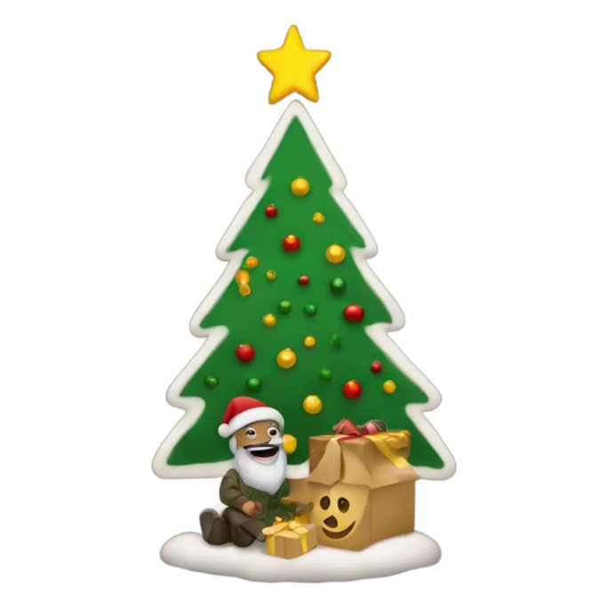 a mason enjoing near to a chrismas tree sticker