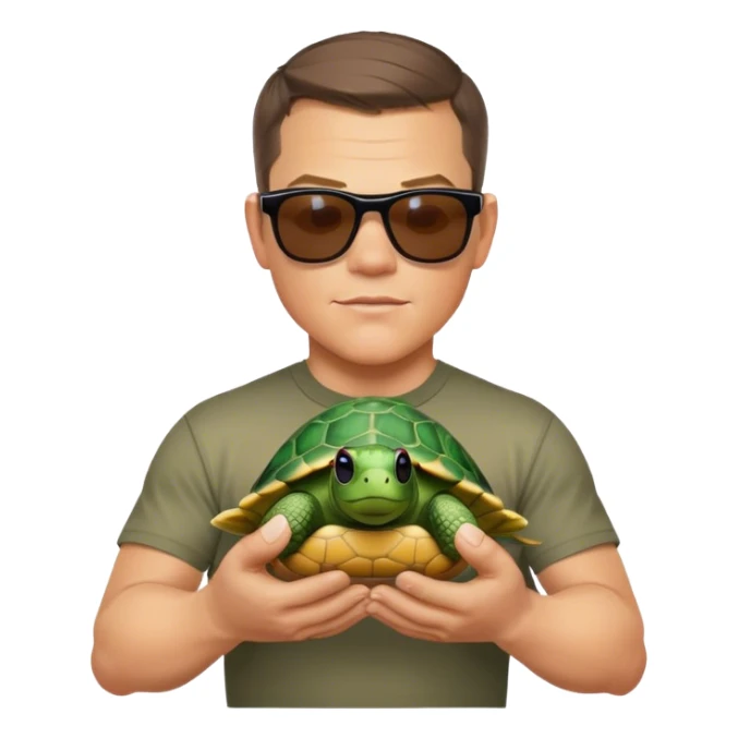 matt damon with a turtle in sunglasses in his hands sticker