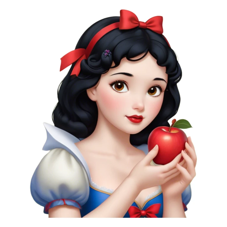 Cinematic Realistic Snow White Portrait, depicted with lifelike skin texture, soft natural lighting, and intricately detailed black hair styled with a red ribbon. Her soft brown eyes radiate innocence and kindness, complemented by a warm, gentle smile. She holds an apple in one hand, her other hand resting against her cheek, embodying her purity and charm. She is dressed in her classic yellow, blue, and red gown, the fabric rich in texture with delicate folds that catch the light beautifully. The portrait features a soft, natural glow with a radiant finish, capturing the essence of timeless beauty in a realistic and painterly style. sticker