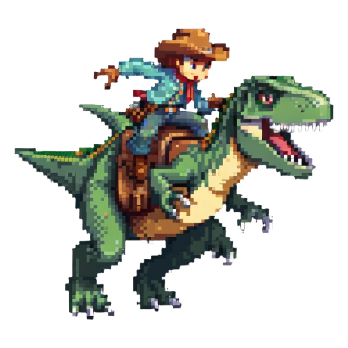 cowboy sliding down the back of a t-rex, dynamic action pose sticker