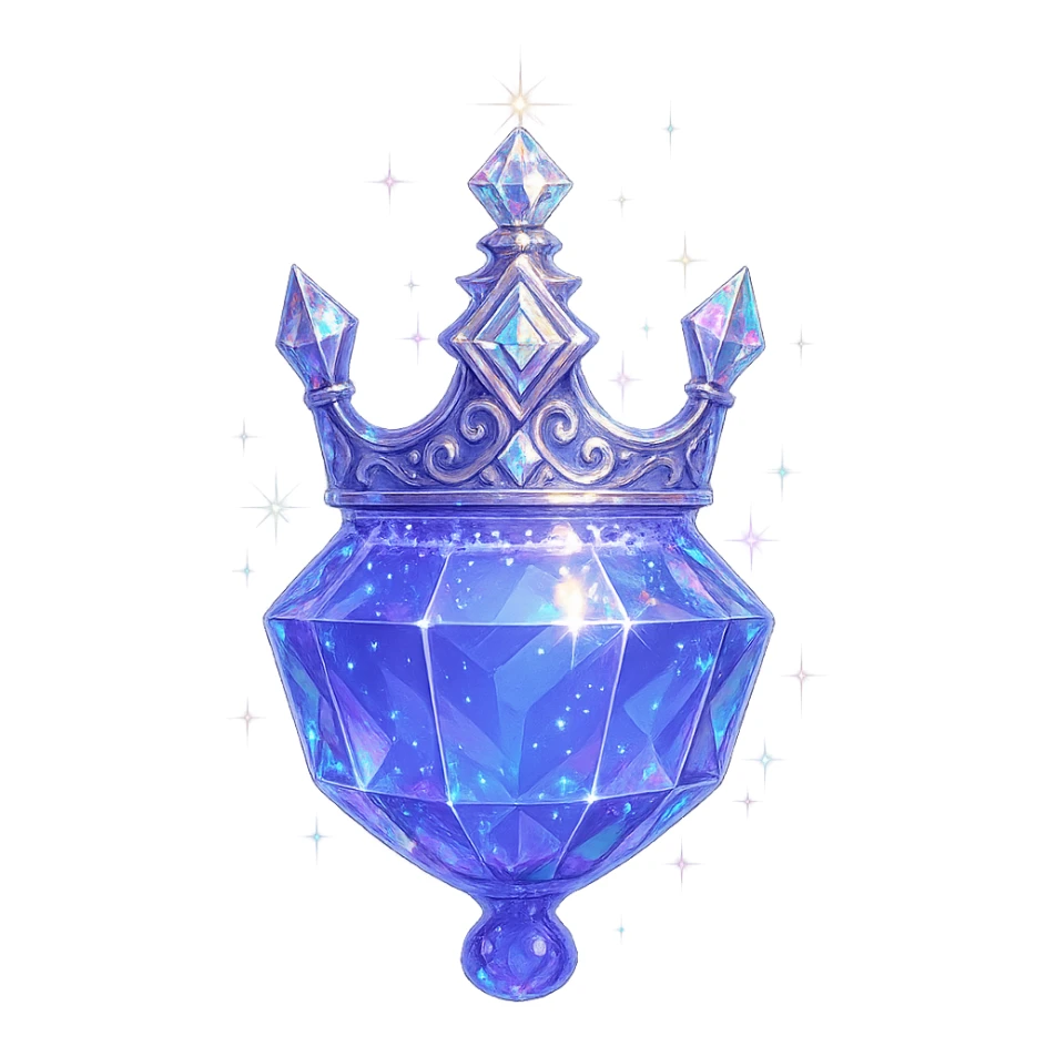 crown-shaped luxurious elixir bottle, color #7986cb, multi-layered holographic and silver details, intricate crystal facets, magical radiant glowing and sparkling effects, seamless and beautifully joined rounded bottom (not flat), very small neck, transparent background, floating clearly in air, not standing, no base or shadow, modern, extremely beautiful, matching a collection sticker