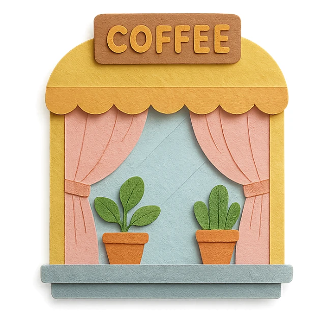 cute coffee shop window with plants and soft pastel curtains, hand-drawn style sticker