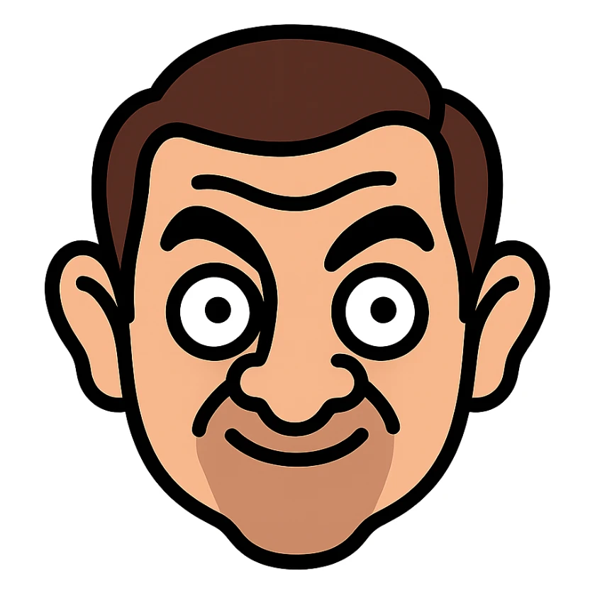 simplified cartoonish icon of Mr. Bean's face with color outline sticker