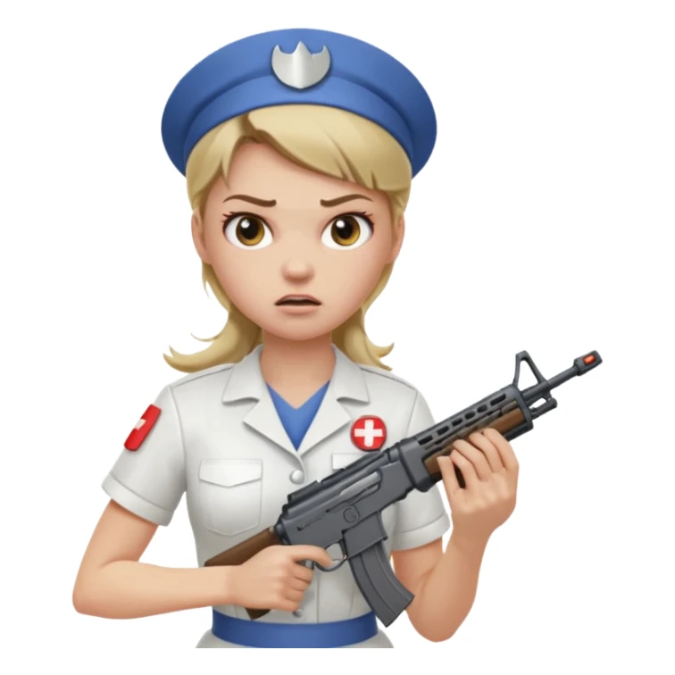 angry dark blonde nurse with an assault rifle sticker