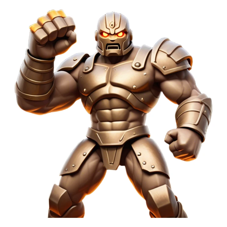 Cinematic Fierce Mighty Iron Golem Portrait Emoji Depicted mid-action in a dynamic, battle-ready stance, massive fists clenched, the ancient metallic plates along its form shifting with raw power. Its eyes blaze like molten fire within a carved, rune-etched face, exuding both divine purpose and mechanical precision. Weathered steel and dark bronze tones are accented by glowing, arcane inscriptions, each detail meticulously crafted with lifelike metallic reflections. High shine, imposing yet regal, styled with an air of indestructible might, soft glowing outline, capturing the essence of an unstoppable colossus that looks ready to charge forth with a thunderous step! sticker