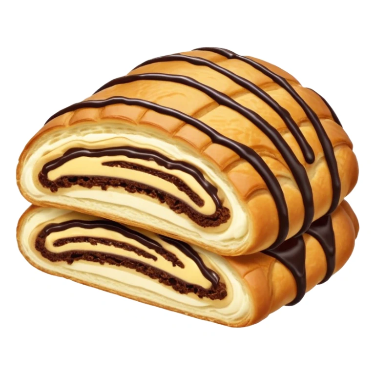  Chocolate-filled croissant roll, golden flaky pastry, chocolate drizzle on top, bite taken, white background, realistic food photo sticker