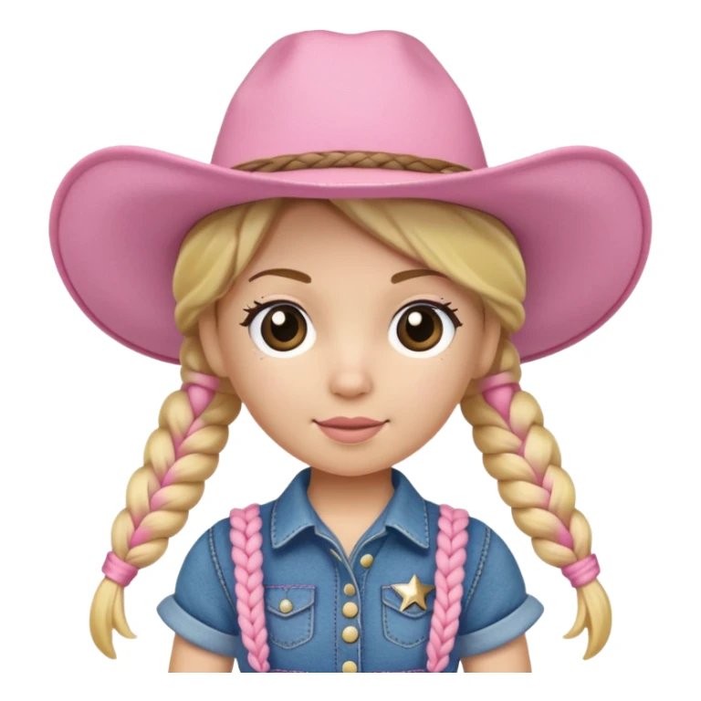 A soft plush cowgirl doll with a pink hat and blonde braids sticker