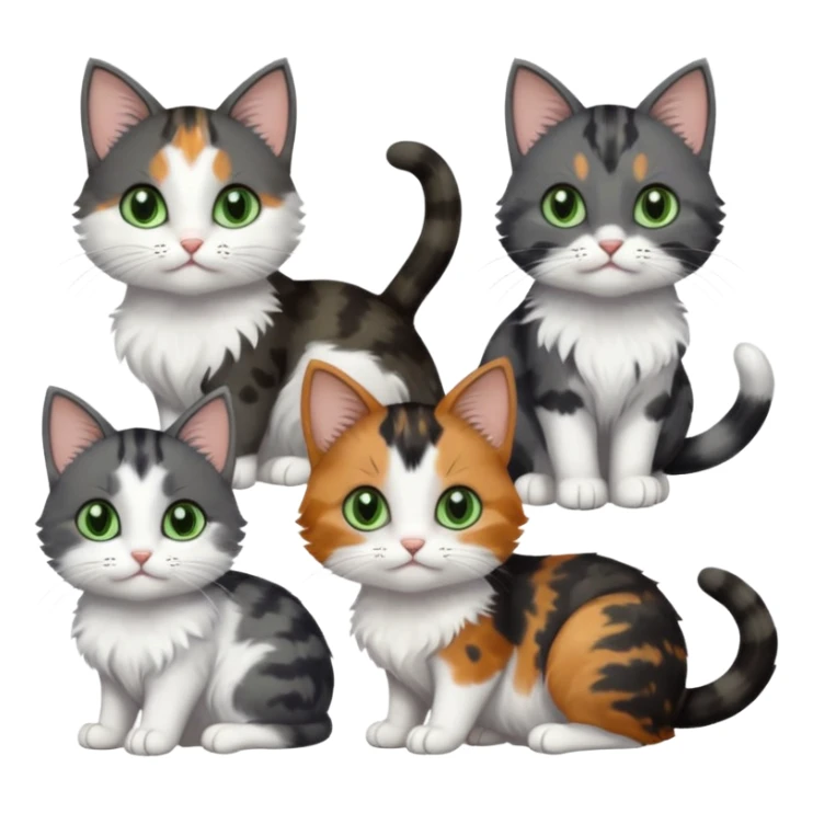 6 different coloured small cats including a dark grey and white, and a patchy calico, and a brown tabby and white,  and a completely solid dark grey with green eyes and only white paws sticker