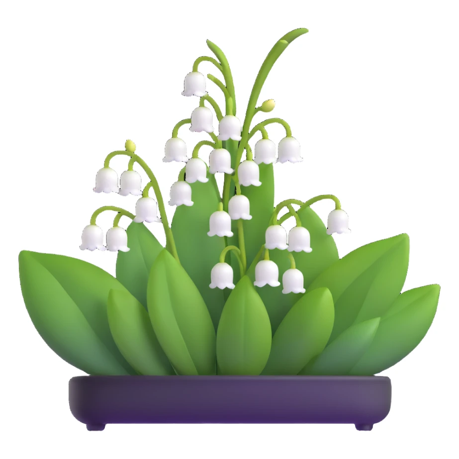 Realistic lily of the valley with correct leaf structure - large elliptical leaves from base, with center flower stem bearing small white bell flowers hanging in a row sticker