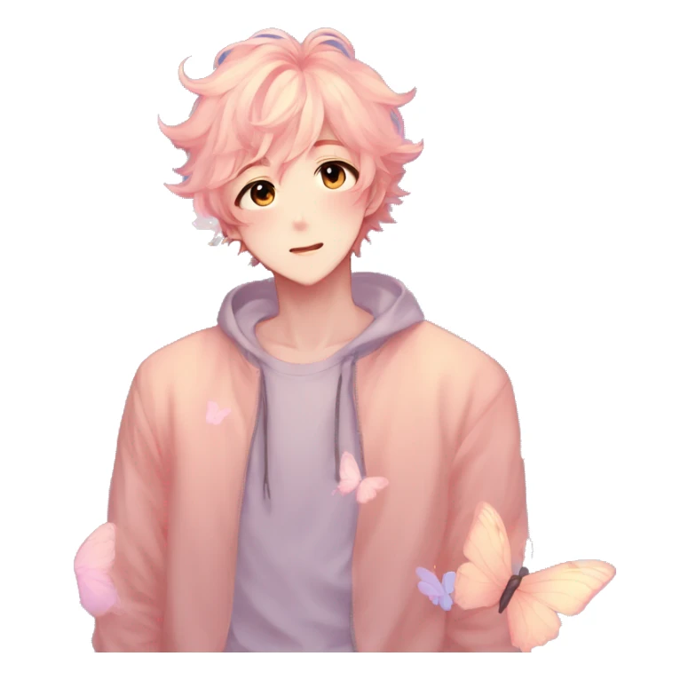 Gorgeous pastel anime style shojo man with blushing face and butterflies aesthetic trending style sticker