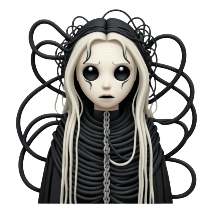 tangled black cables creating an occult creature covered in black rags and bondage, Giger style sticker