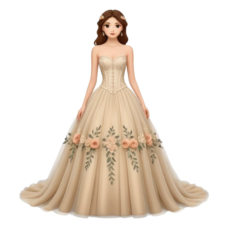 A luxurious strapless A-line wedding gown featuring a sheer lace corset bodice with structured boning, intricate floral embroidery, and a flowing layered tulle skirt adorned with delicate 3D floral appliqués for a soft, romantic, fairytale look. sticker