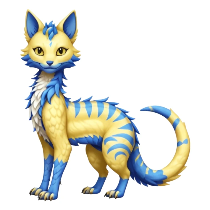 Kawaii yellow and blue beautiful pretty elegant divine edgy fantasy feline-vernid-sergal-fursona animal creature with a tufted tail full body with intricate markings  sticker