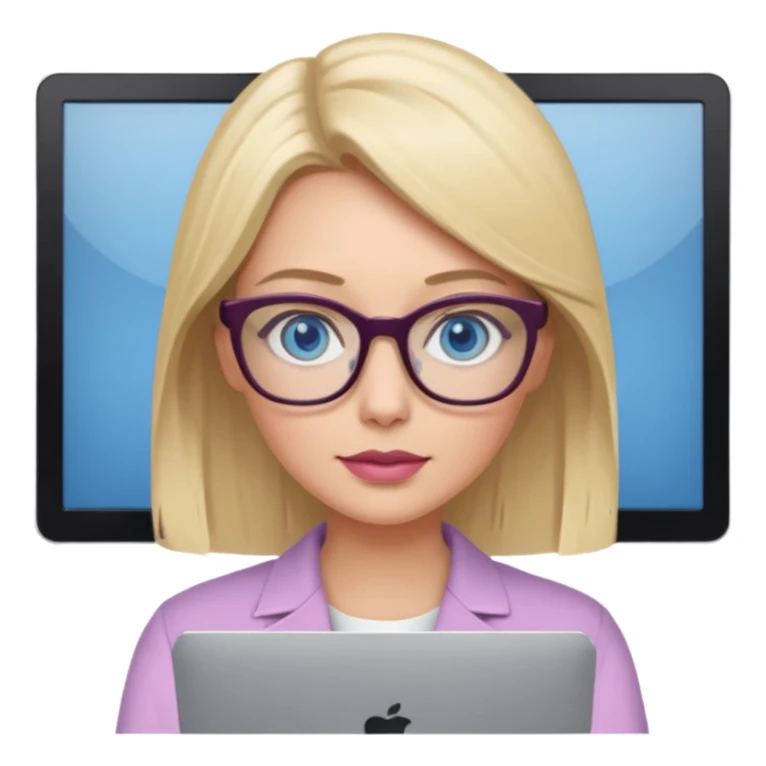 donna bella, occhi azzurri con occhiali, capelli medi, lisci e biondi, lavora usando lo schermo pc. Labbra color malva chiaro sticker