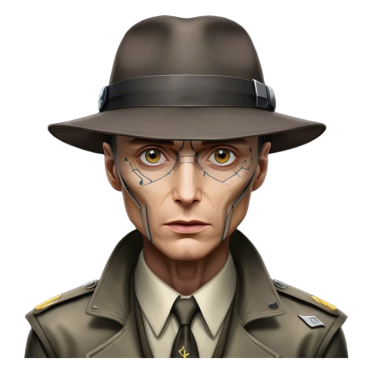 Cillian Murphy's J Robert Oppenheimer Wearing his hat, while his eye, ear, nose and upper body has been replaced with Cybernetic Organism and Neural Network in CyberPunk 2077 sticker