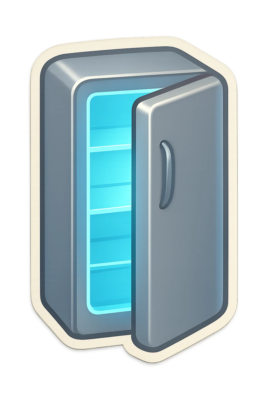Open modern refrigerator with door slightly ajar, soft blue light glowing from inside, simple shelf shapes, no food details, rounded vector style, clean and minimal, sticker-like, silver exterior. sticker