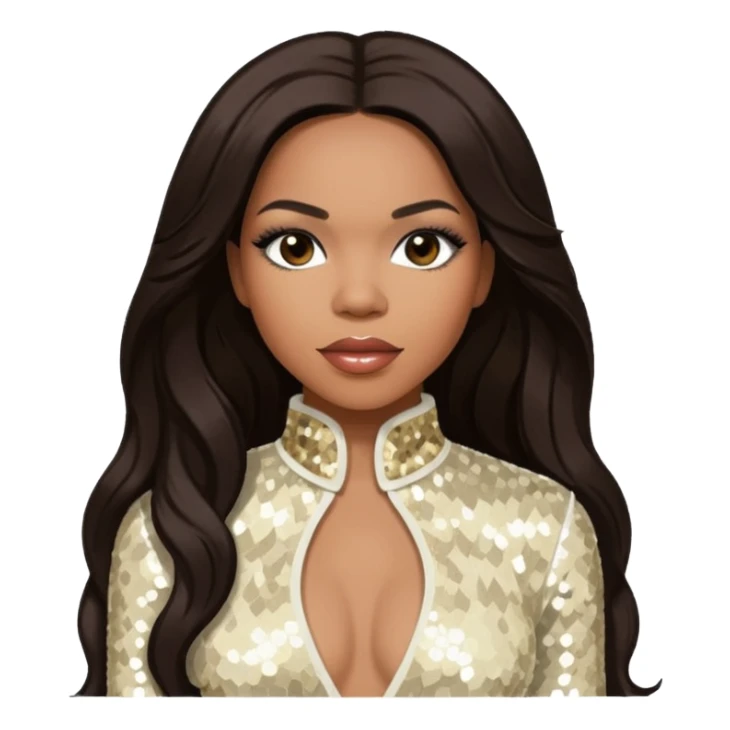 Tenitra Michelle Williams (b.1979), R&B Singer from Destiny's Child with long dark brown hair, ivory sequin outfit, medium dark skin sticker