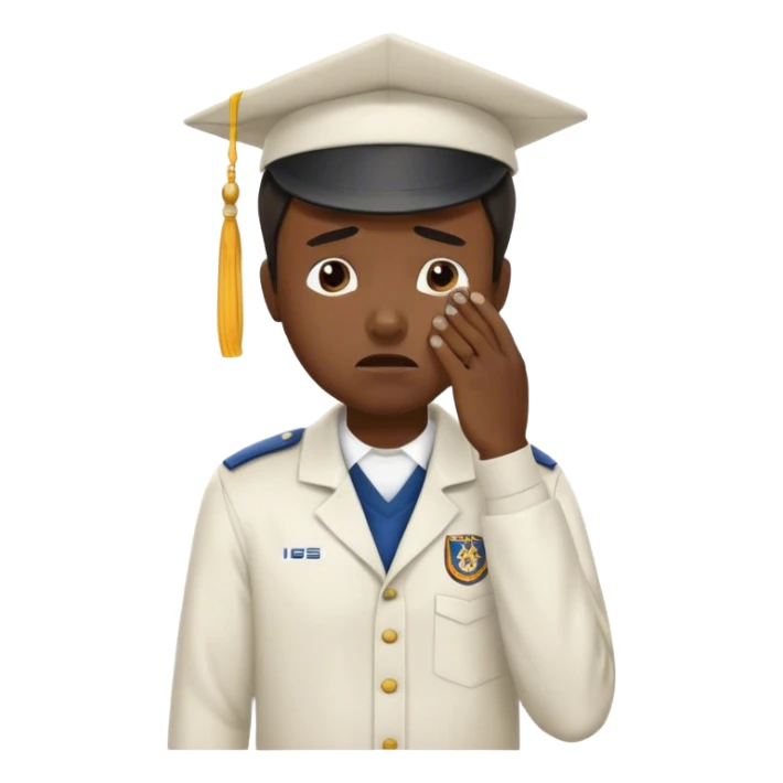 Create an emoji of a student crying. He is wearing a university uniform, including a shirt and pants and hat. The man is visibly upset, with tears streaming down his face, and he is wiping his eyes with his hand. The background should be simple to emphasize his emotional state, conveying the feeling of being overwhelmed with school stress or personal struggles sticker