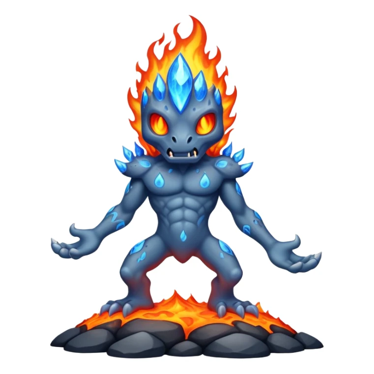 a mystical fast lava creature without arms with molten lava on its head and some rocky shoulders, fire crystals, blue flames, fire legs, no background sticker